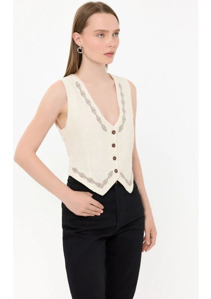 Kadın Desenli Kolsuz V Yaka Kürk Natural