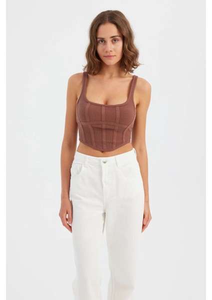 Kadın Kare Yaka Kolsuz Ön Dikişli Korse Üstü Brown