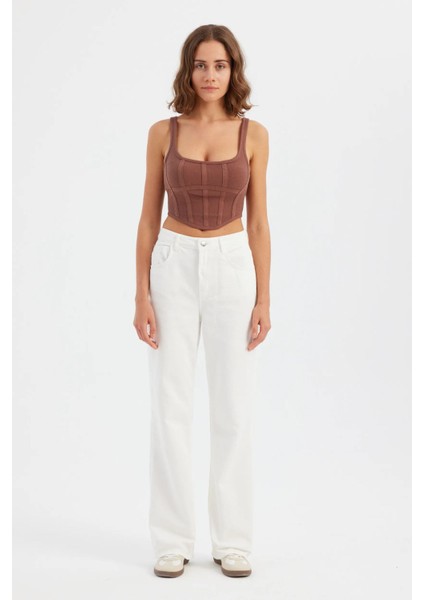 Kadın Kare Yaka Kolsuz Ön Dikişli Korse Üstü Brown