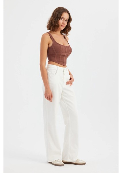 Kadın Kare Yaka Kolsuz Ön Dikişli Korse Üstü Brown