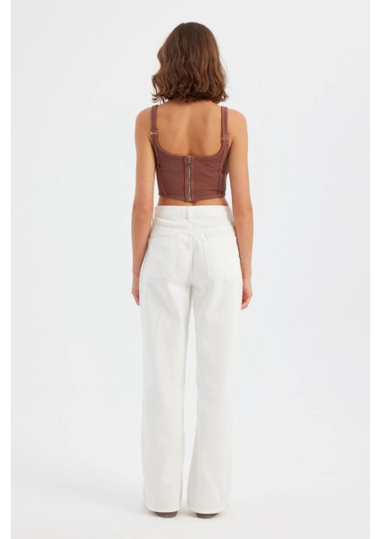 Kadın Kare Yaka Kolsuz Ön Dikişli Korse Üstü Brown