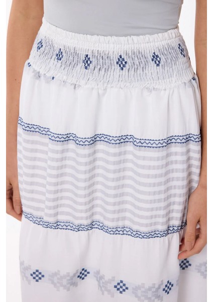 Kadın Elastik Bel Detaylı Yüksek Bel Çizgili Maxi Etek Grey