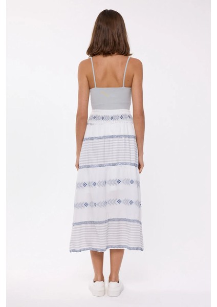 Kadın Elastik Bel Detaylı Yüksek Bel Çizgili Maxi Etek Grey