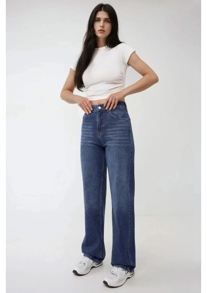 Kadın Yüksek Bel Straight Kot Pantolon Orta Mavi Denim