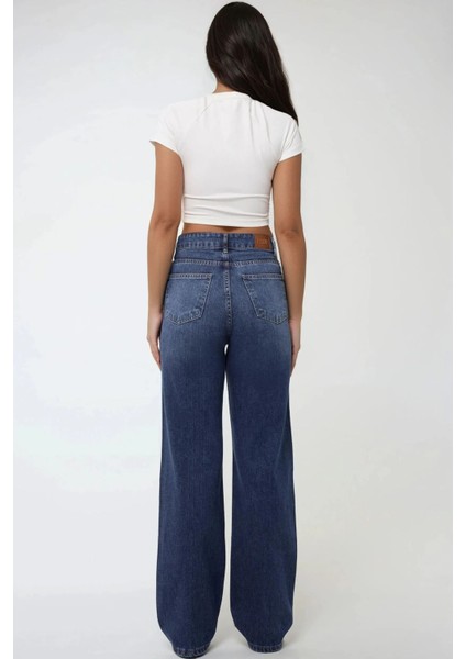 Kadın Yüksek Bel Straight Kot Pantolon Orta Mavi Denim