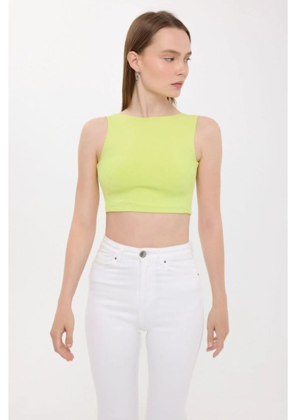 Kadın Sıfır Kollu Yuvarlak Yakalı Sırt Detaylı Bluz Yellow