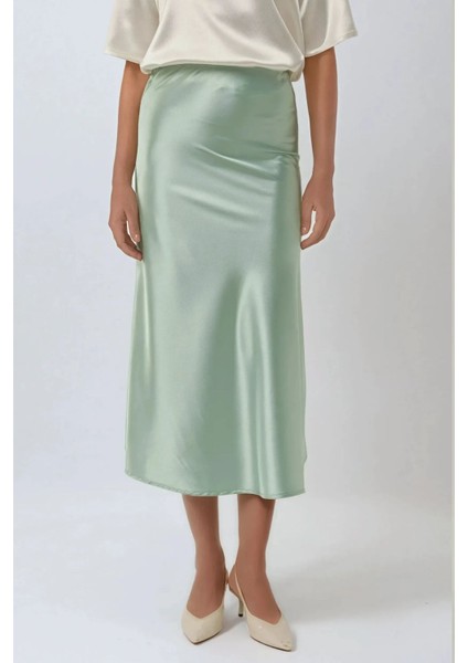 Kadın Yüksek Bel Saten Midi Etek Green