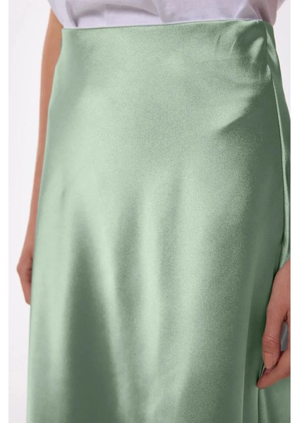 Kadın Yüksek Bel Saten Midi Etek Green