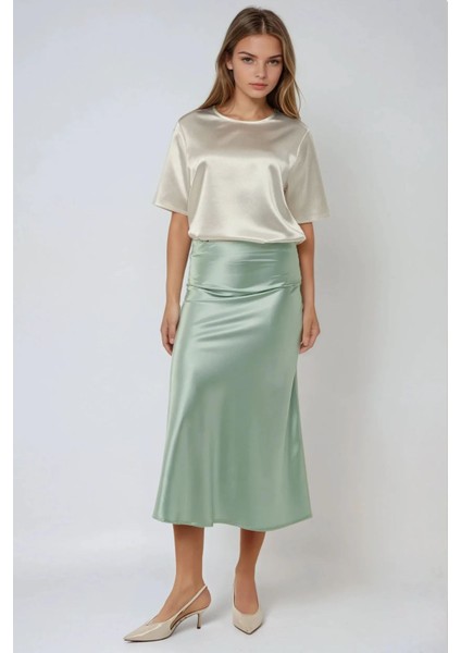 Kadın Yüksek Bel Saten Midi Etek Green