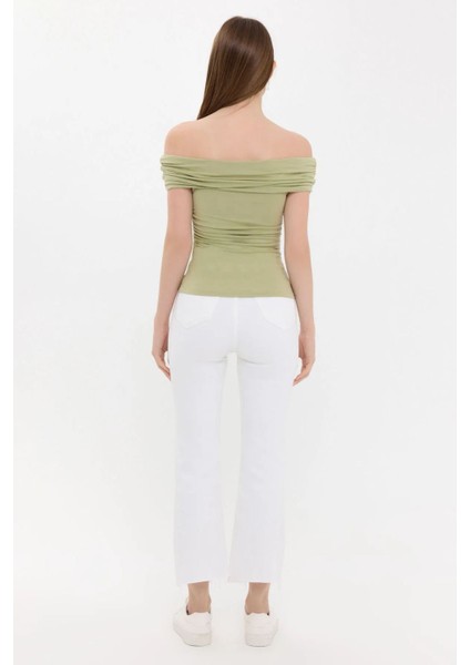 Kadın Omuzdan Askılı Büzgülü Vücut Şeklini Takip Eden Üst Green
