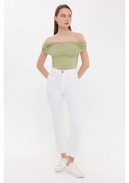 Kadın Omuzdan Askılı Büzgülü Vücut Şeklini Takip Eden Üst Green