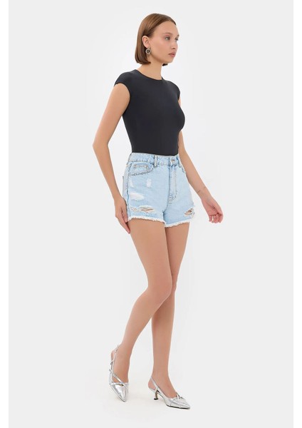 Kadın Temel Dokuma Bisiklet Yaka T-Shirt Siyah