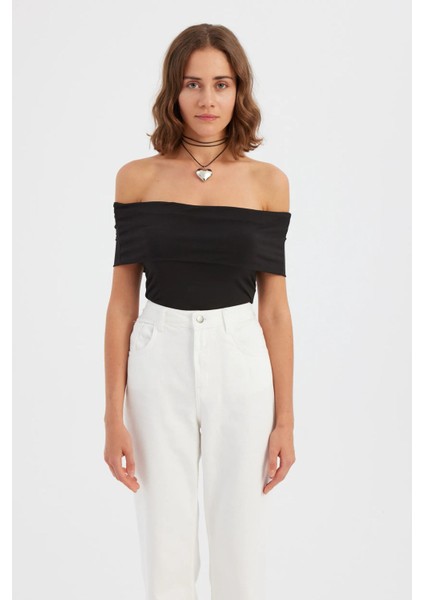 Kadın Omuz Dışı Toplama Askılı Vücut Çorap Üst Black