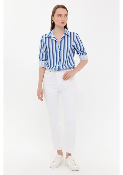 Kadın Çizgili Uzun Kollu Dokuma Gömlek Blue