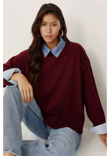 Kadın Bisiklet Yaka Relax Fit Yumuşak Triko Kazak Bordo Kırmızı