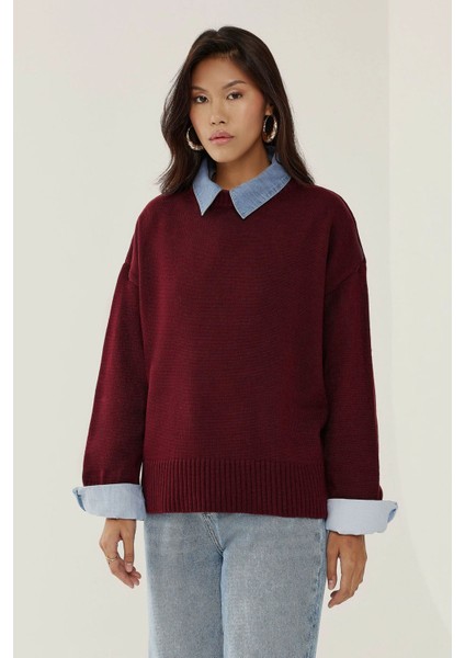 Kadın Bisiklet Yaka Relax Fit Yumuşak Triko Kazak Bordo Kırmızı