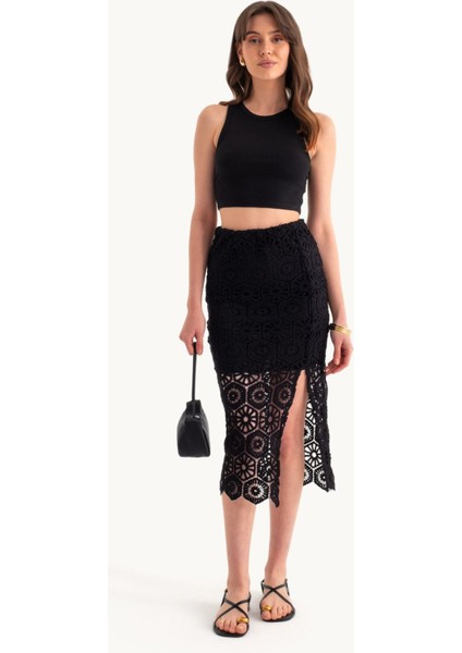 Kadın Dantel Kroşe Orta Bel Etek Siyah