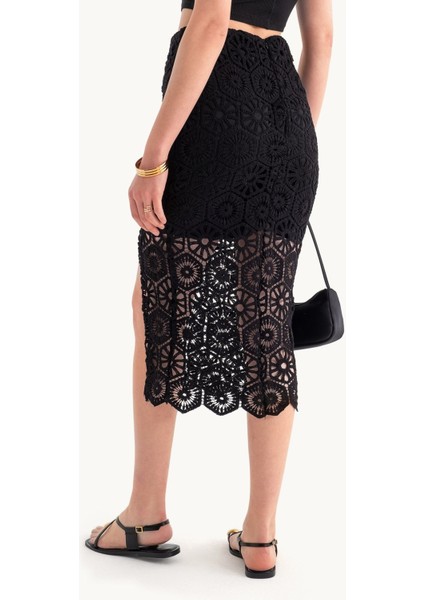 Kadın Dantel Kroşe Orta Bel Etek Siyah