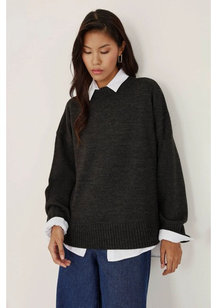 Kadın Bisiklet Yaka Relax Fit Yumuşak Triko Kazak Grey