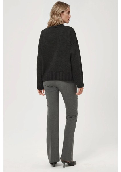 Kadın Bisiklet Yaka Relax Fit Yumuşak Triko Kazak Grey