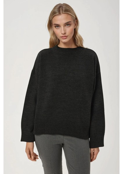 Kadın Bisiklet Yaka Relax Fit Yumuşak Triko Kazak Grey