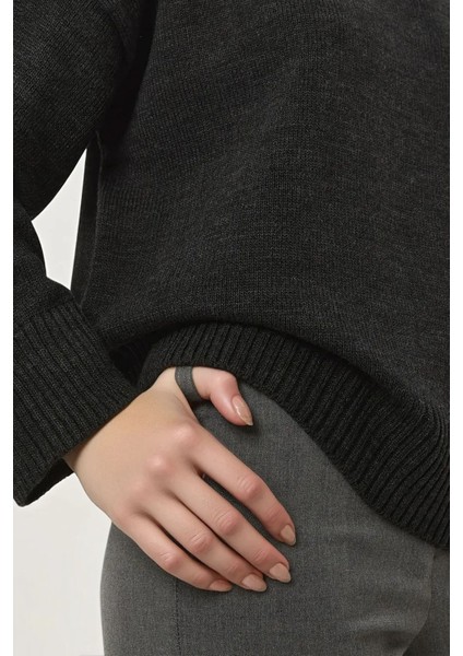 Kadın Bisiklet Yaka Relax Fit Yumuşak Triko Kazak Grey