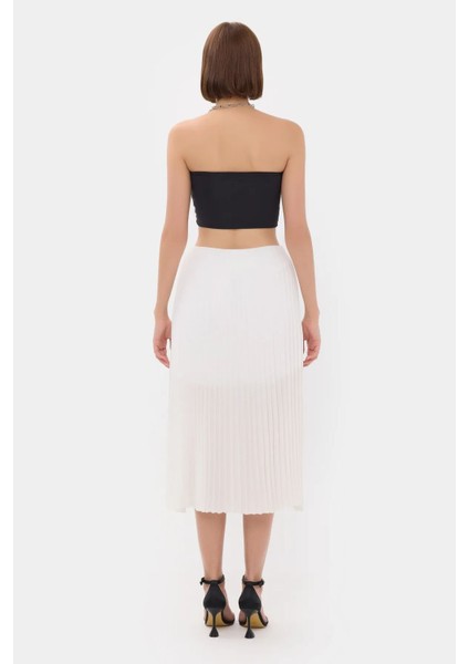 Kadın Plise Yüksek Bel Midi Etek Beyaz