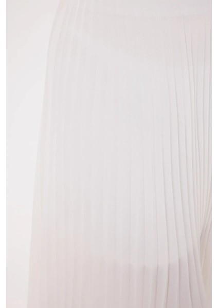 Kadın Plise Yüksek Bel Midi Etek Beyaz