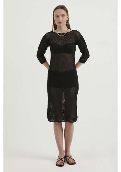 Kadın Örme Fileli Yuvarlak Yaka Midi Elbise Siyah