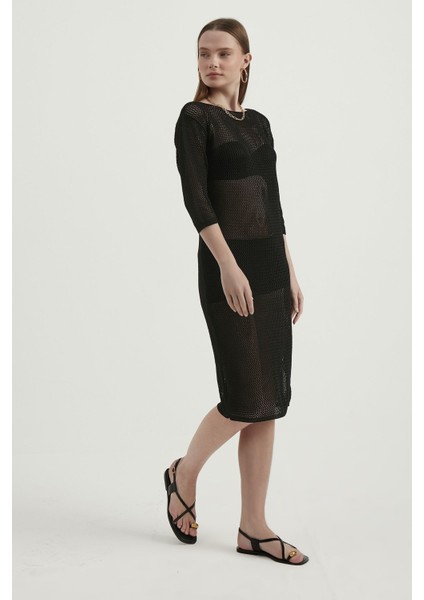 Kadın Örme Fileli Yuvarlak Yaka Midi Elbise Siyah