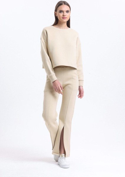 Kadın Yüksek Bel Yarık Jogger Pantolon Natural