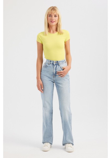 Kadın Yuvarlak Yaka Çapraz Arka Kısa Kollu Crop Top Yellow