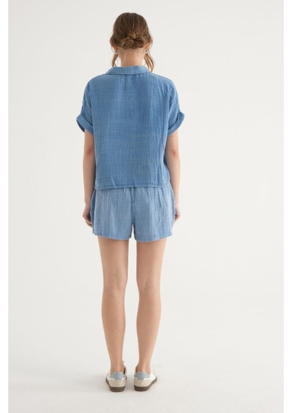 Kadın Cep Detaylı Kısa Kollu Kırpılmış Gömlek Blue