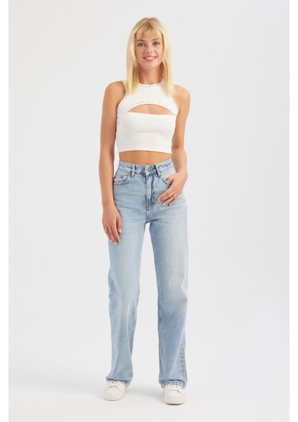 Kadın Sütyen Kesimiyle Süslü Pamuk Crop Top White