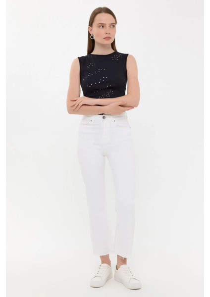 Kadın Kolsuz Pamuk Yuvarlak Yakalı Elmaslı Üst Black