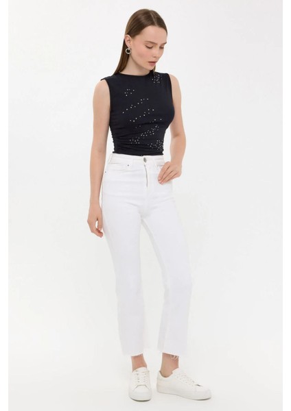 Kadın Kolsuz Pamuk Yuvarlak Yakalı Elmaslı Üst Black