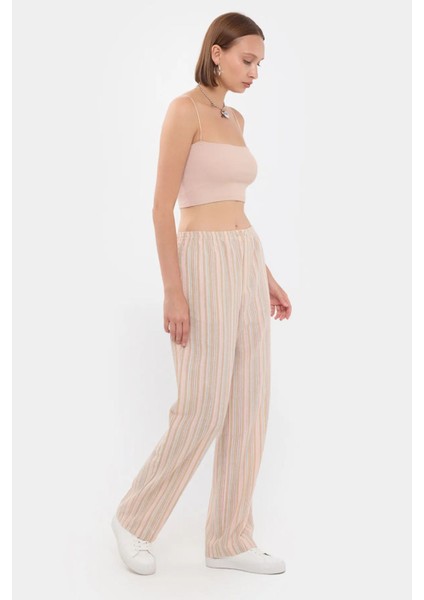 Kadın Yüksek Bel Şeritli Dokuma Pantolon, Elastik Bel ve Düğme Detayı Multicolor