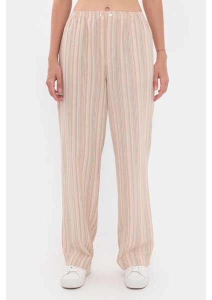 Kadın Yüksek Bel Şeritli Dokuma Pantolon, Elastik Bel ve Düğme Detayı Multicolor