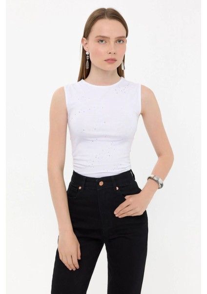 Kadın Kolsuz Pamuk Yuvarlak Yakalı Elmaslı Üst White
