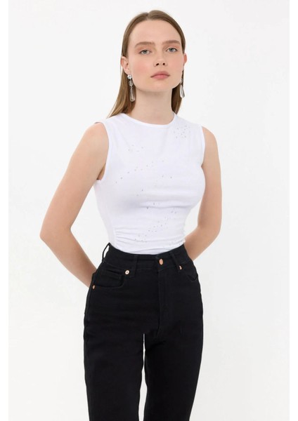 Kadın Kolsuz Pamuk Yuvarlak Yakalı Elmaslı Üst White