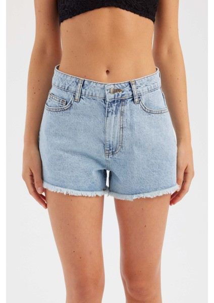 Kadın Koyu Renk Yüksek Bel Denim Şort Buz Mavisi