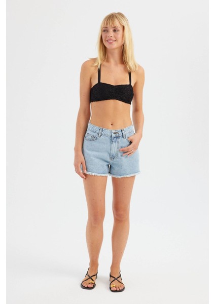 Kadın Koyu Renk Yüksek Bel Denim Şort Buz Mavisi