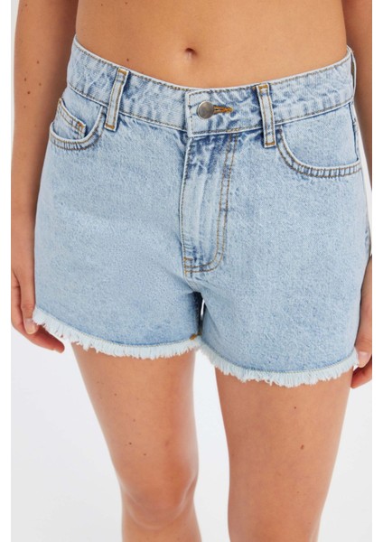 Kadın Koyu Renk Yüksek Bel Denim Şort Buz Mavisi