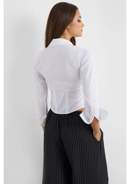 Kadın Korseli Kemer Uzun Kollu Kırpılmış Gömlek White