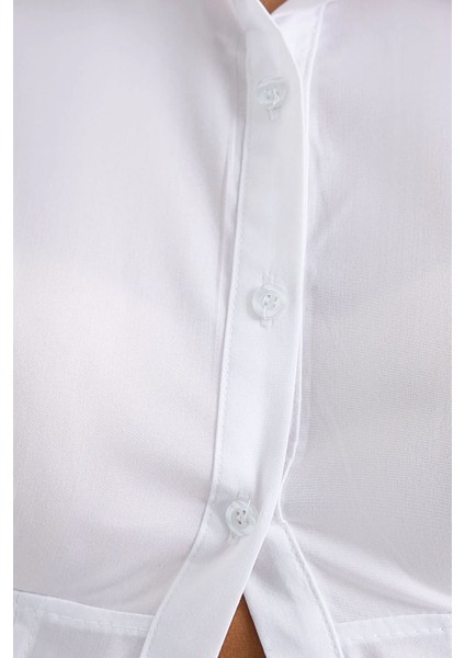 Kadın Korseli Kemer Uzun Kollu Kırpılmış Gömlek White