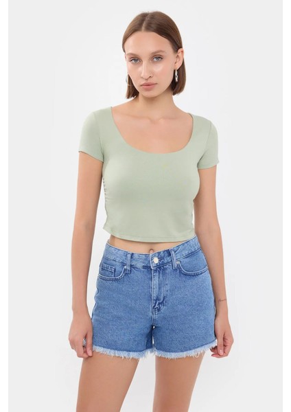 Kadın Yuvarlak Yaka Crop Top Green