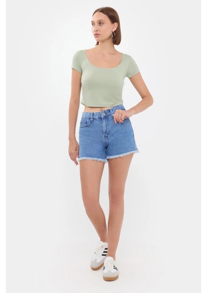Kadın Yuvarlak Yaka Crop Top Green