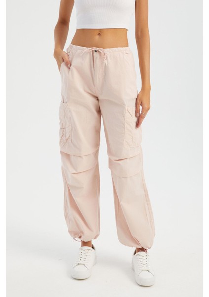 Kadın Orta Bel Fermuarlı Cargo Pantolon Pink