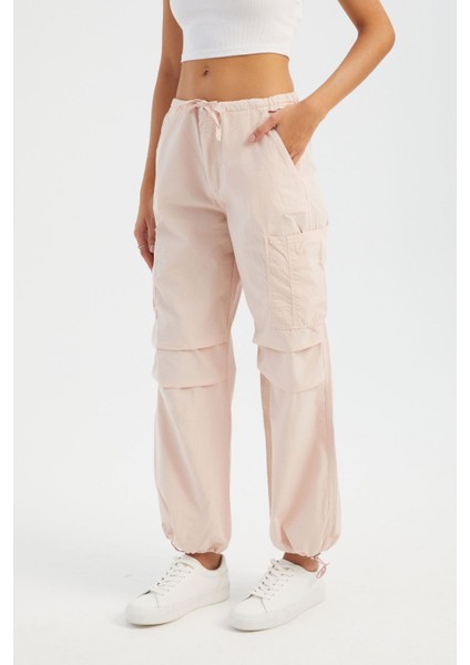 Kadın Orta Bel Fermuarlı Cargo Pantolon Pink