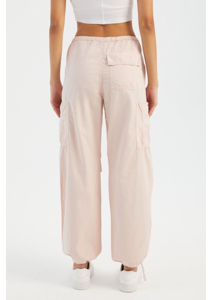 Kadın Orta Bel Fermuarlı Cargo Pantolon Pink